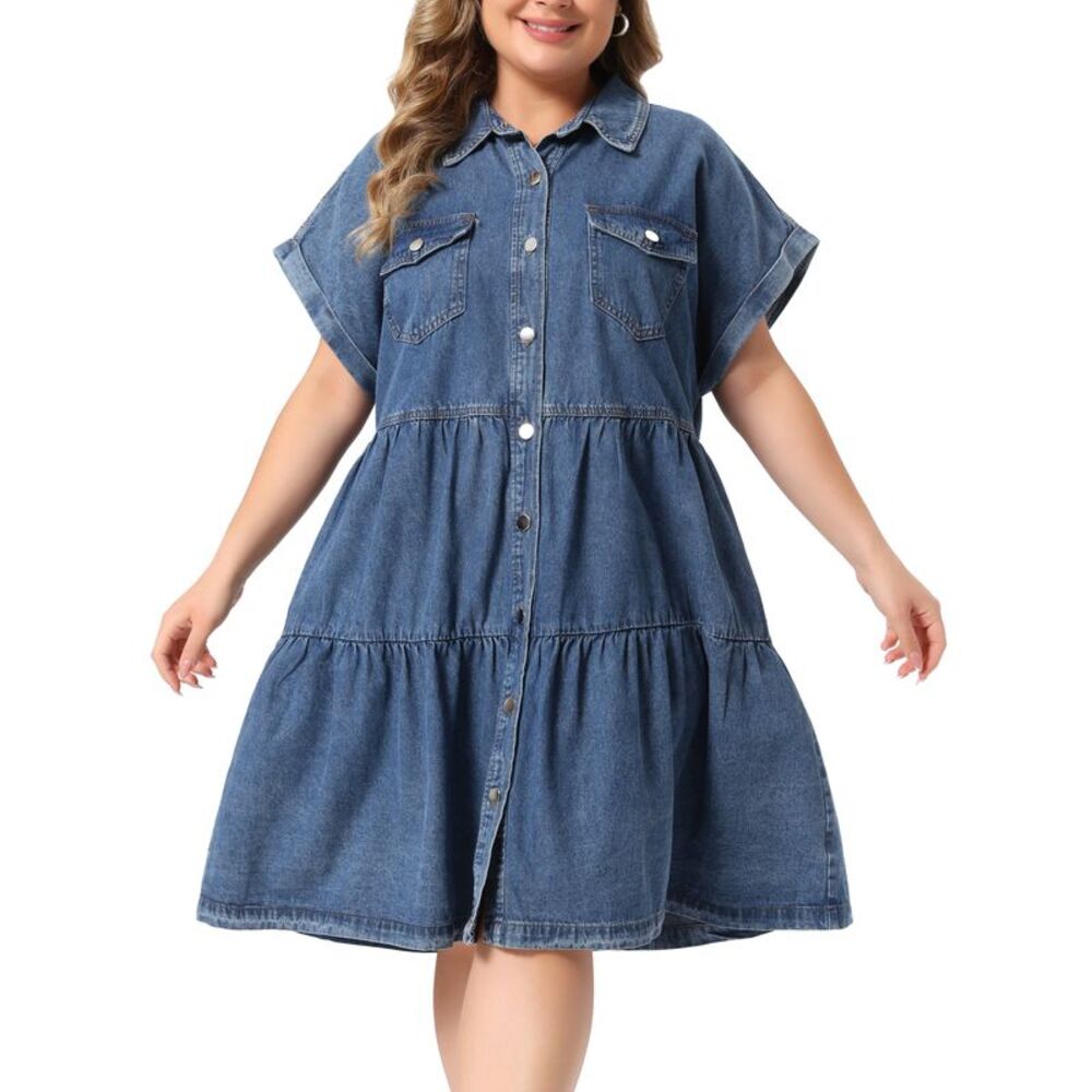 Women Plus Size Button Down Tiered Denim Babydoll Dress Grey Blue